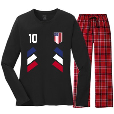 Number 10 USA Soccer American Flag Football Jersey Women's Long Sleeve Flannel Pajama Set 