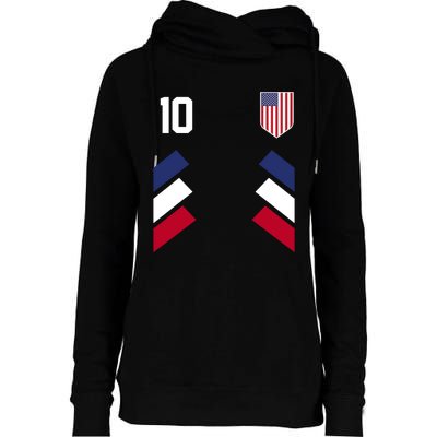 Number 10 USA Soccer American Flag Football Jersey Womens Funnel Neck Pullover Hood