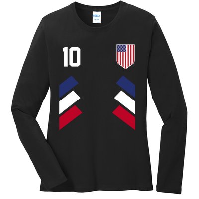 Number 10 USA Soccer American Flag Football Jersey Ladies Long Sleeve Shirt