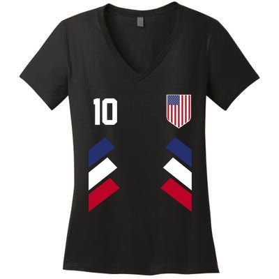 Number 10 USA Soccer American Flag Football Jersey Women's V-Neck T-Shirt