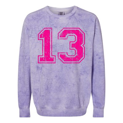 Number 13 Varsity Distressed Vintage Sport Team PlayerS Colorblast Crewneck Sweatshirt