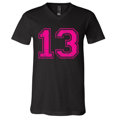 Number 13 Varsity Distressed Vintage Sport Team PlayerS V-Neck T-Shirt