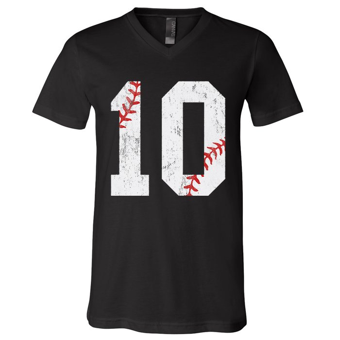 Number 10 Vintage 10th Birthday Baseball Lover 10 Years Old V-Neck T-Shirt