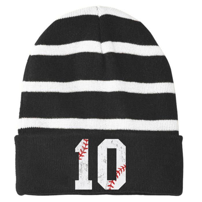 Number 10 Vintage 10th Birthday Baseball Lover 10 Years Old Striped Beanie with Solid Band