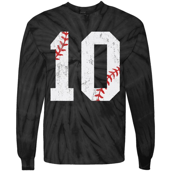 Number 10 Vintage 10th Birthday Baseball Lover 10 Years Old Tie-Dye Long Sleeve Shirt