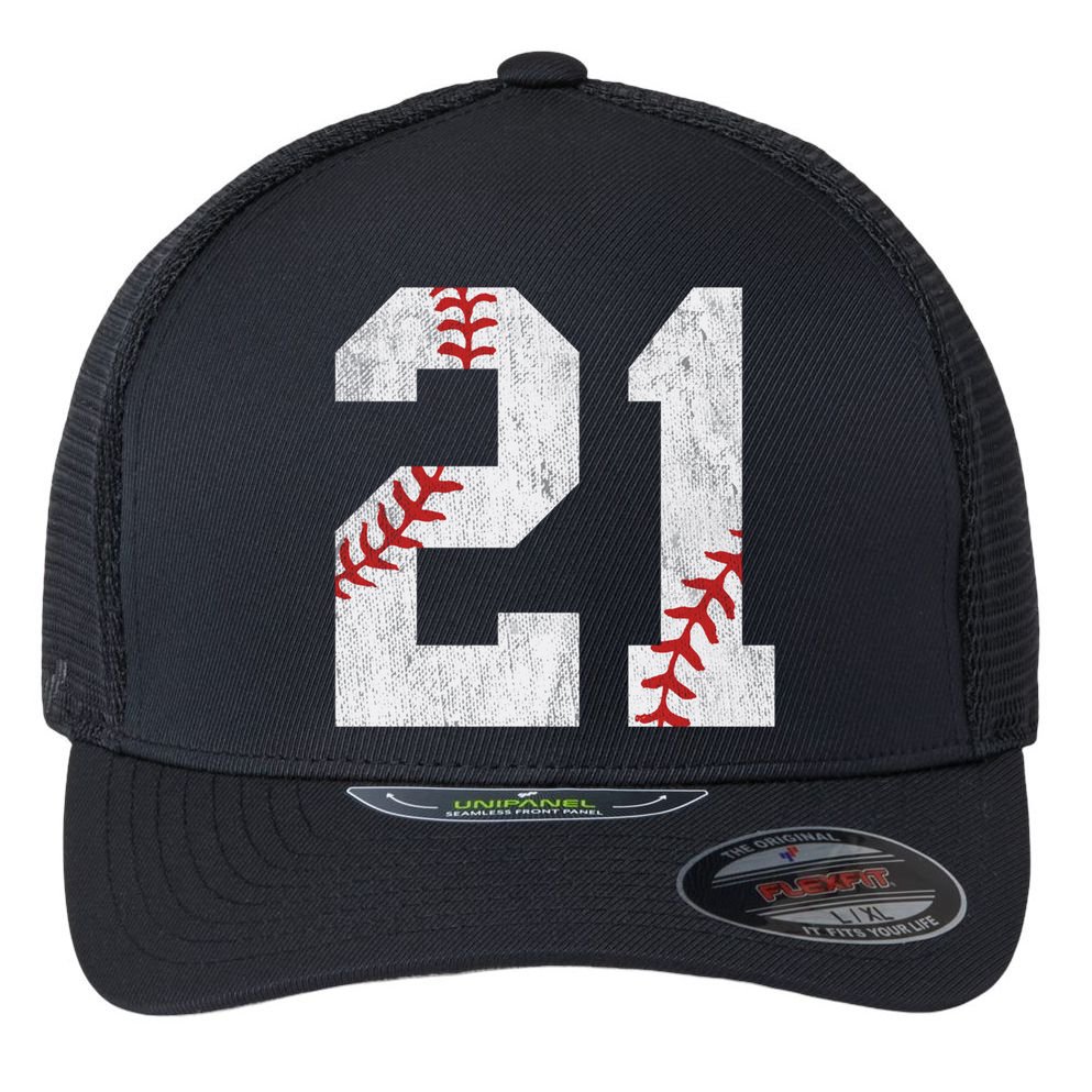 Number #21 Vintage 21st Birthday Baseball Lover 21 Years Old Gift Flexfit Unipanel Trucker Cap