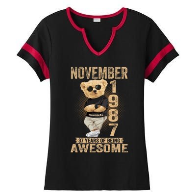 November 37th Birthday 1987 Awesome Teddy Bear Ladies Halftime Notch Neck Tee