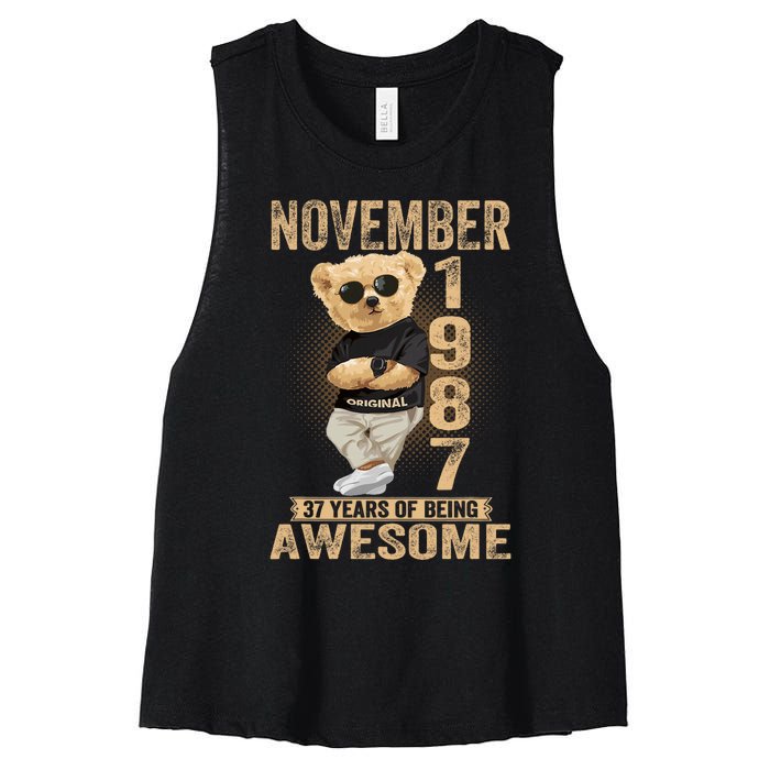 November 37th Birthday 1987 Awesome Teddy Bear Women's Racerback Cropped Tank