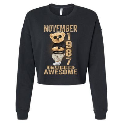 November 37th Birthday 1987 Awesome Teddy Bear Cropped Pullover Crew