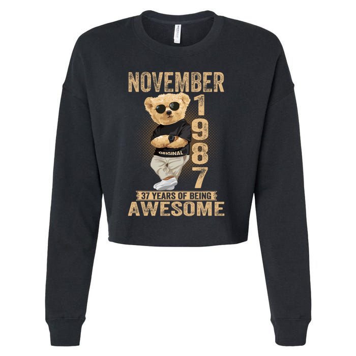 November 37th Birthday 1987 Awesome Teddy Bear Cropped Pullover Crew