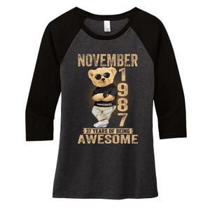 November 37th Birthday 1987 Awesome Teddy Bear Women's Tri-Blend 3/4-Sleeve Raglan Shirt