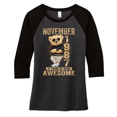 November 37th Birthday 1987 Awesome Teddy Bear Women's Tri-Blend 3/4-Sleeve Raglan Shirt