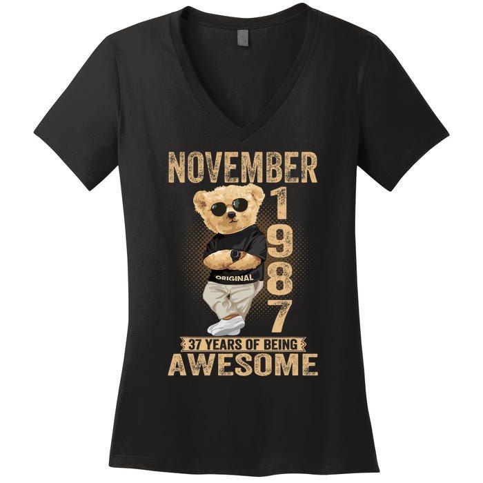 November 37th Birthday 1987 Awesome Teddy Bear Women's V-Neck T-Shirt