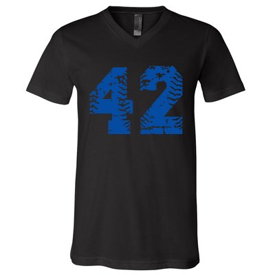 Number 42 Baseball Blue Vintage Number V-Neck T-Shirt