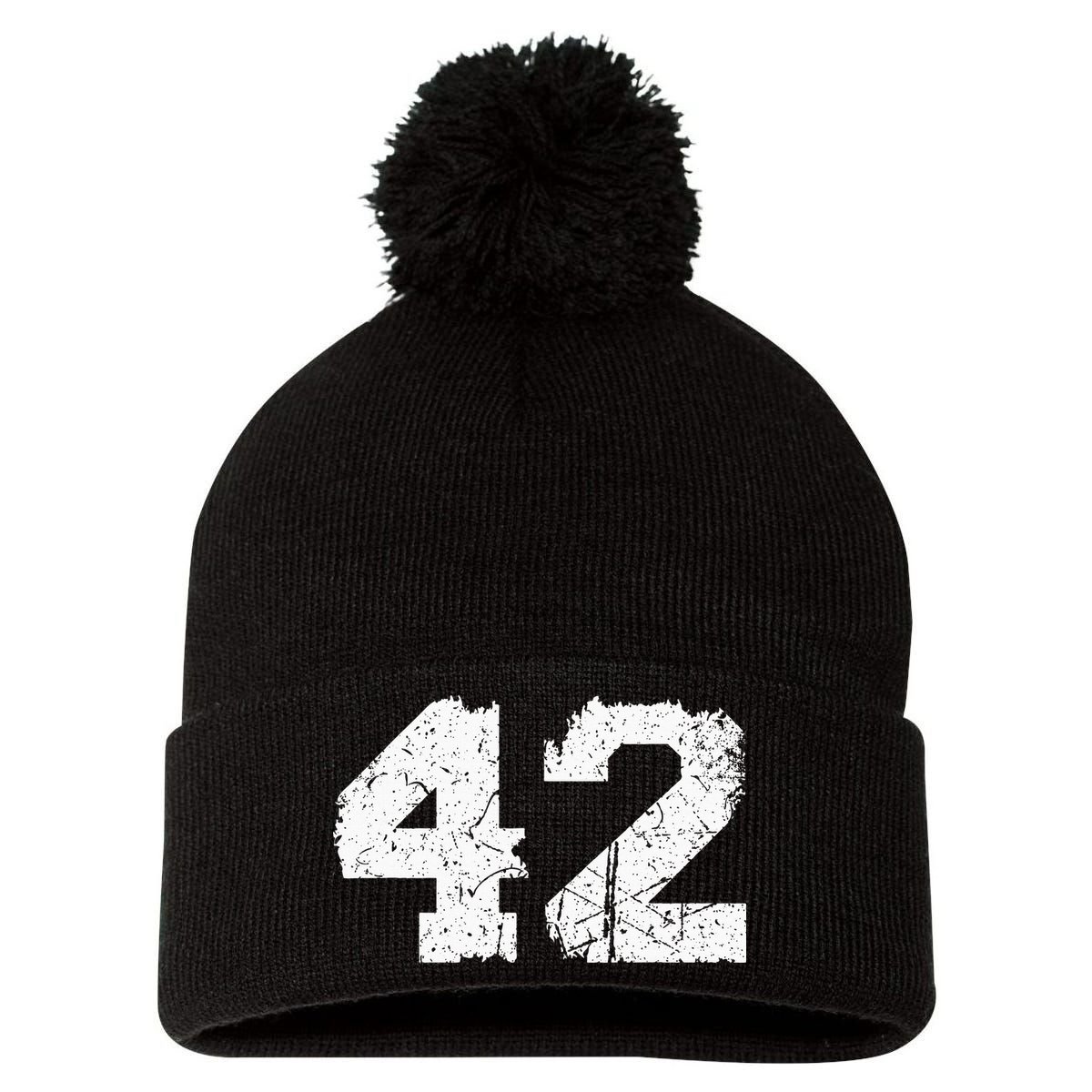Number 42 Sports Jersey Vintage Torn White Lucky Number Pom Pom 12in Knit Beanie