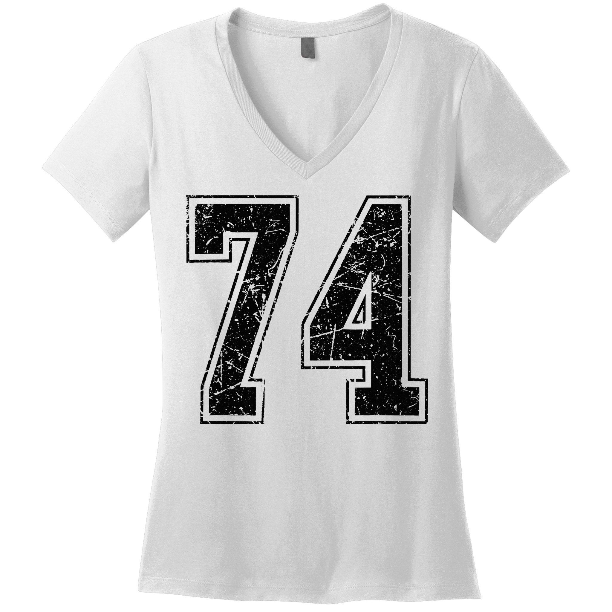 Number 74 Distressed Grunge Vintage Jersey Team Fan Women's V-Neck T-Shirt