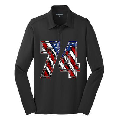 Number 74 Red White And Blue American Flag #74 Jersey Gift Silk Touch Performance Long Sleeve Polo