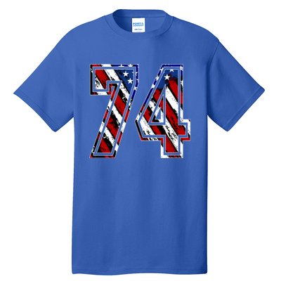 Number 74 Red White And Blue American Flag #74 Jersey Gift Tall T-Shirt