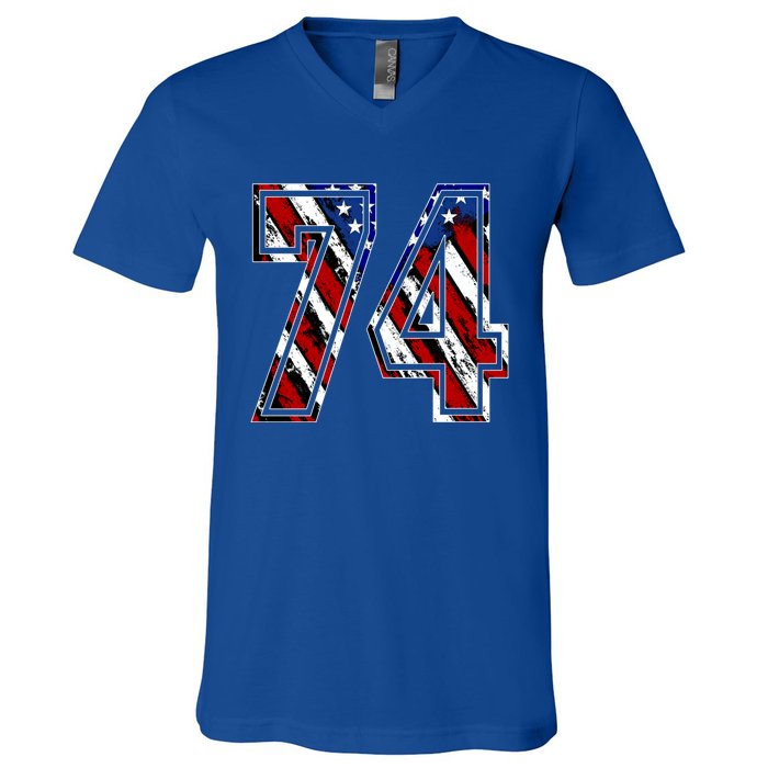 Number 74 Red White And Blue American Flag #74 Jersey Gift V-Neck T-Shirt