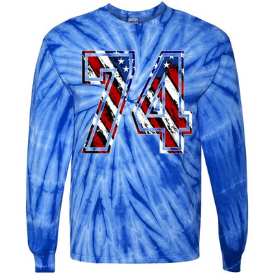 Number 74 Red White And Blue American Flag #74 Jersey Gift Tie-Dye Long Sleeve Shirt