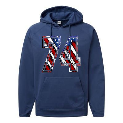 Number 74 Red White And Blue American Flag #74 Jersey Gift Performance Fleece Hoodie