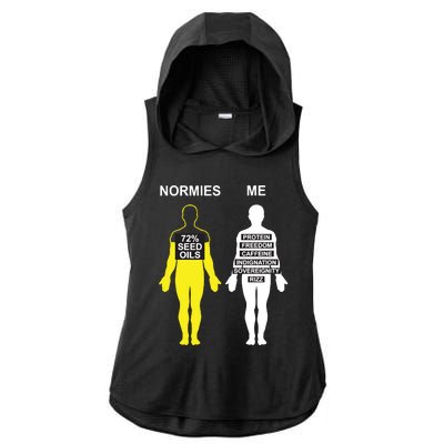 Normies 72 Seed Oils Vs Me Protein Freedom Caffeine Indignation Sovereignity Riz Ladies PosiCharge Tri-Blend Wicking Draft Hoodie Tank