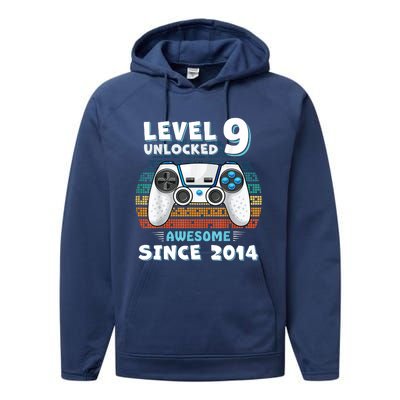 Nine 9yr BDay Son Boy Funny Gamer 9th 9 Year Old Birthday Performance Fleece Hoodie