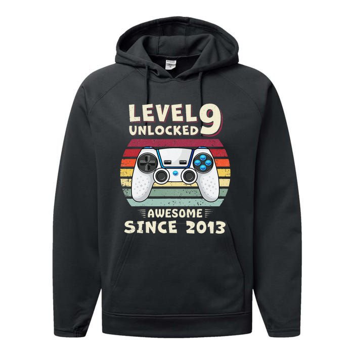 Nine 9yr BDay Son Funny Gamer 9th 9 Years Old Birthday Performance Fleece Hoodie