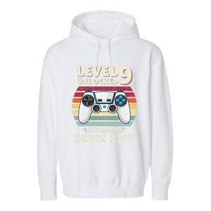 Nine 9yr BDay Son Funny Gamer 9th 9 Years Old Birthday Garment-Dyed Fleece Hoodie