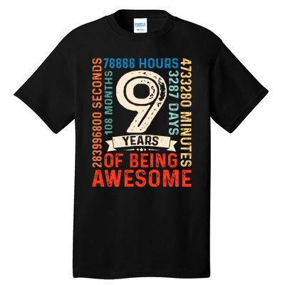 Nine 9yr Vintage 9th Birthday 9 Years Old Retro 108 Months Tall T-Shirt