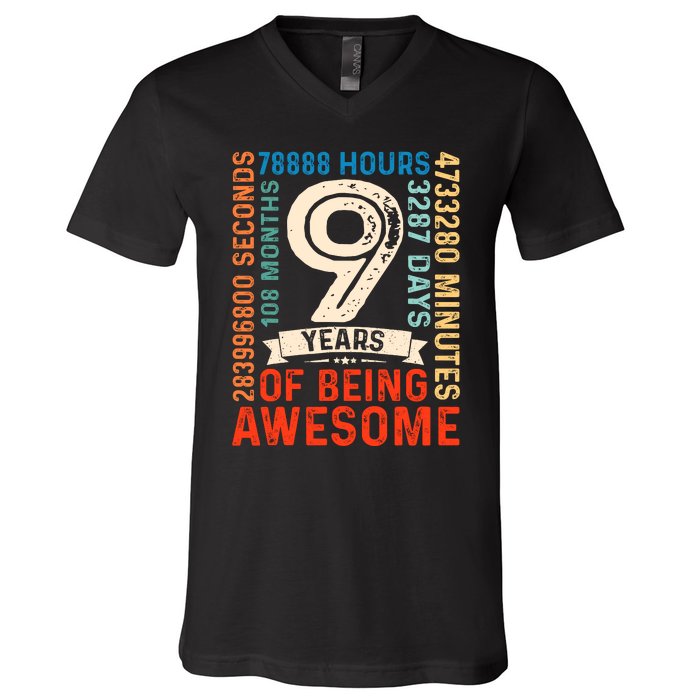 Nine 9yr Vintage 9th Birthday 9 Years Old Retro 108 Months V-Neck T-Shirt