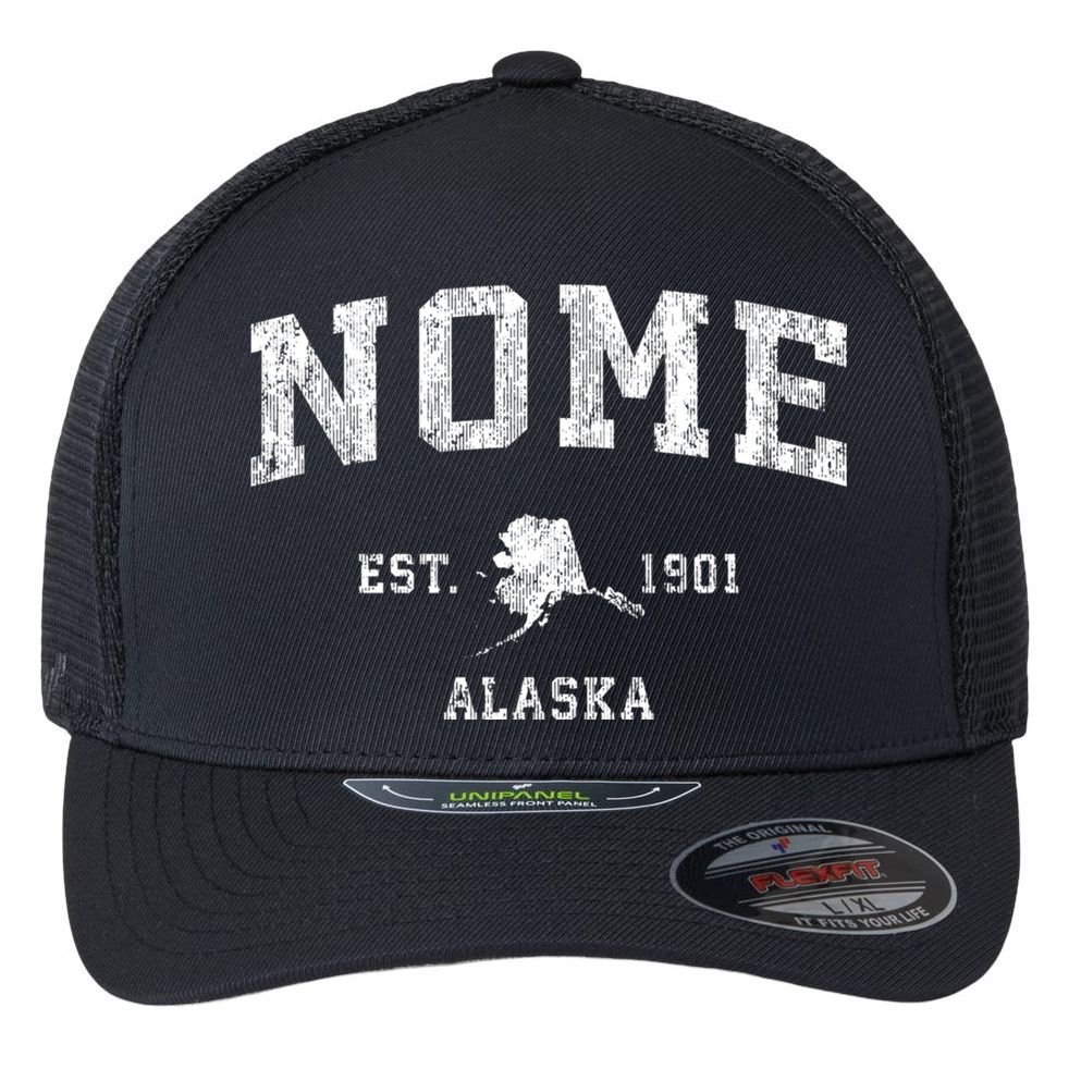 Nome Alaska Ak Vintage Established Sports Design Flexfit Unipanel Trucker Cap