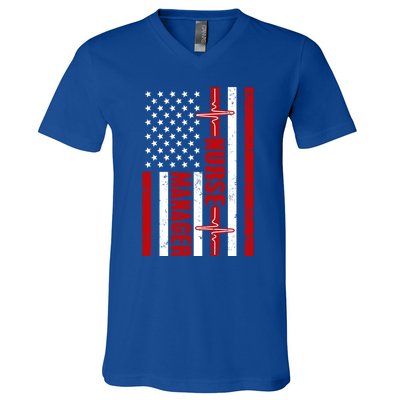 Nurse Ager American Flag Usa Heartbeat Stethoscope Nurse Cute Gift V-Neck T-Shirt