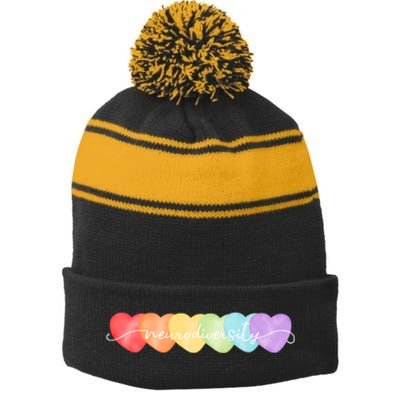 Neurodiversity Autism Awareness Hearts Stripe Pom Pom Beanie