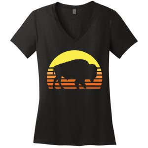 Native American Bison Buffalo Bull Western Indian Retro Sun Women's V-Neck T-Shirt