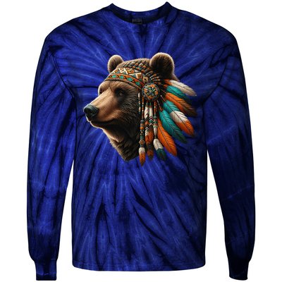 Native American Bear Artwork Native American Day Design Tie-Dye Long Sleeve Shirt