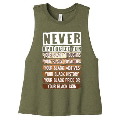 Never Apologize Black History Month BLM Melanin Pride Afro Women's Racerback Cropped Tank