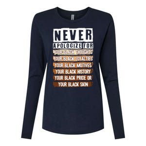 Never Apologize Black History Month BLM Melanin Pride Afro Womens Cotton Relaxed Long Sleeve T-Shirt