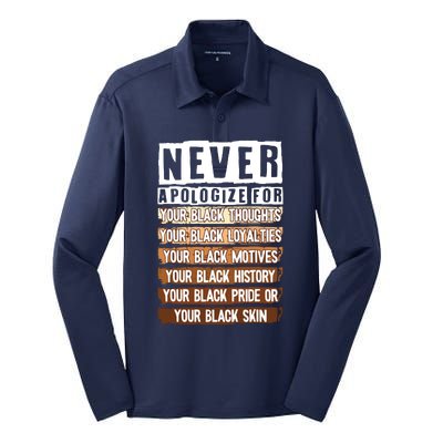 Never Apologize Black History Month BLM Melanin Pride Afro Silk Touch Performance Long Sleeve Polo