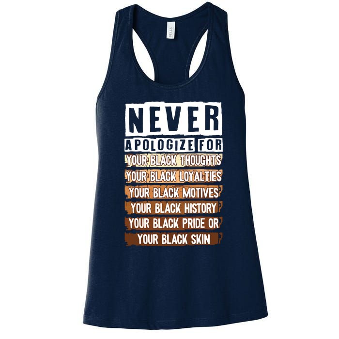 Never Apologize Black History Month BLM Melanin Pride Afro Women's Racerback Tank