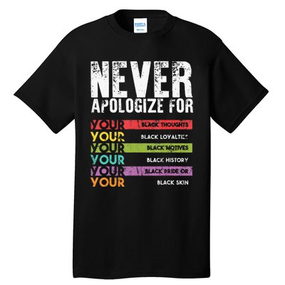 Never Apologize Black History Month BLM Melanin Pride Afro Tall T-Shirt