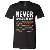 Never Apologize Black History Month BLM Melanin Pride Afro V-Neck T-Shirt