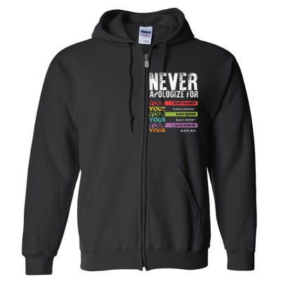 Never Apologize Black History Month BLM Melanin Pride Afro Full Zip Hoodie