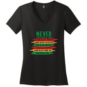 Never Apologize Black History Month BLM Melanin Pride Afro Women's V-Neck T-Shirt