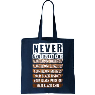 Never Apologize Black History Month BLM Melanin Pride Afro Tote Bag