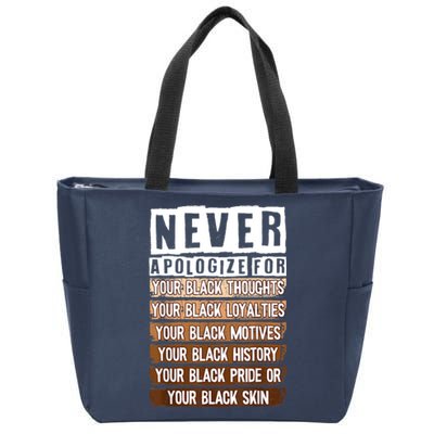 Never Apologize Black History Month BLM Melanin Pride Afro Zip Tote Bag