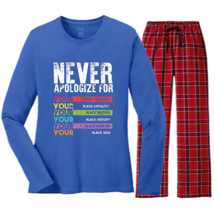 Never Apologize Black History Month BLM Melanin Pride Women's Long Sleeve Flannel Pajama Set 