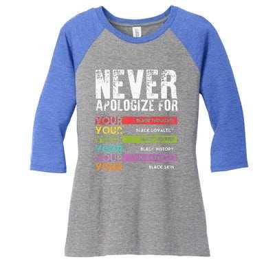 Never Apologize Black History Month BLM Melanin Pride Women's Tri-Blend 3/4-Sleeve Raglan Shirt