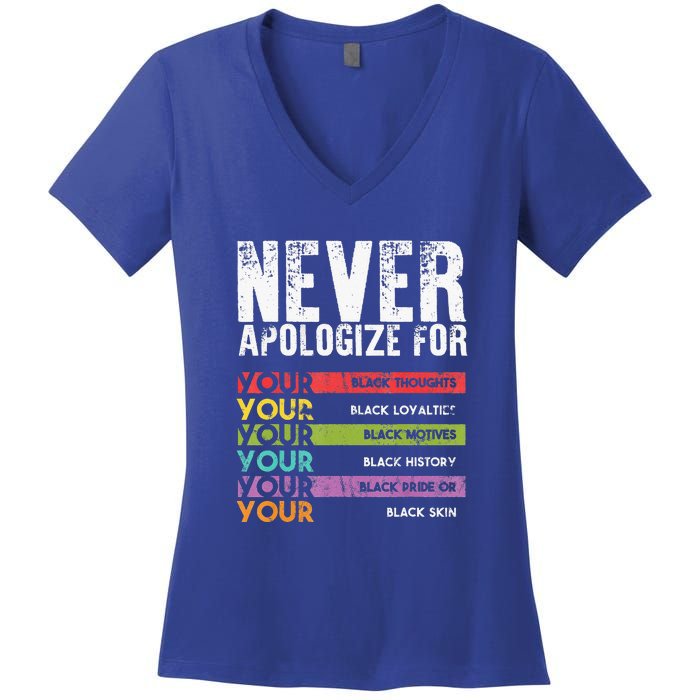 Never Apologize Black History Month BLM Melanin Pride Women's V-Neck T-Shirt