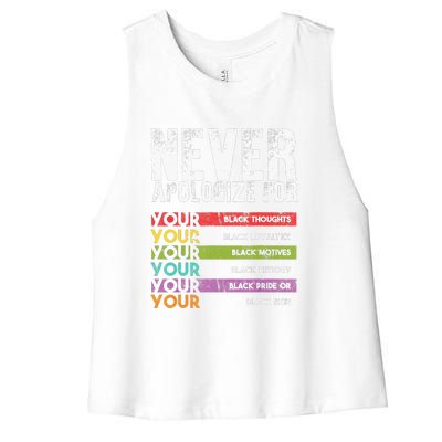 Never Apologize Black History Month BLM Melanin Pride Women's Racerback Cropped Tank